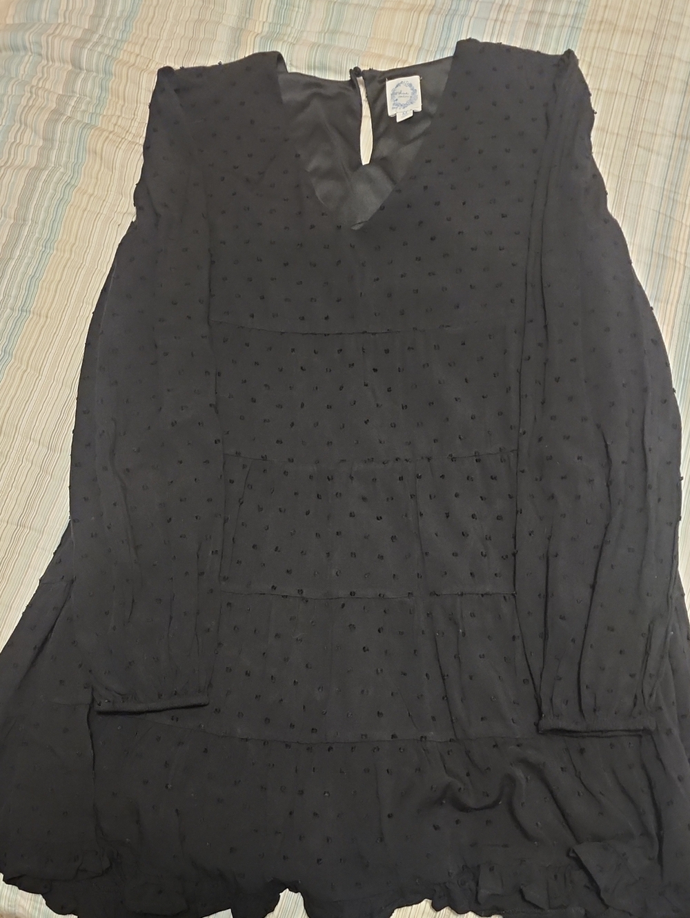 Blue Rain Black Long-Sleeve Textured Dot Tiered Dress